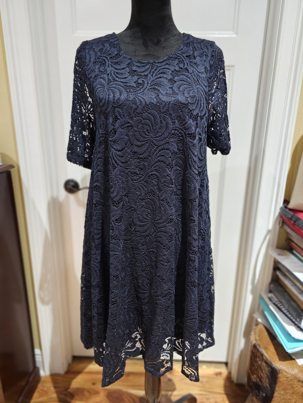 Sharagano Navy Lace Midi Dress, NWT